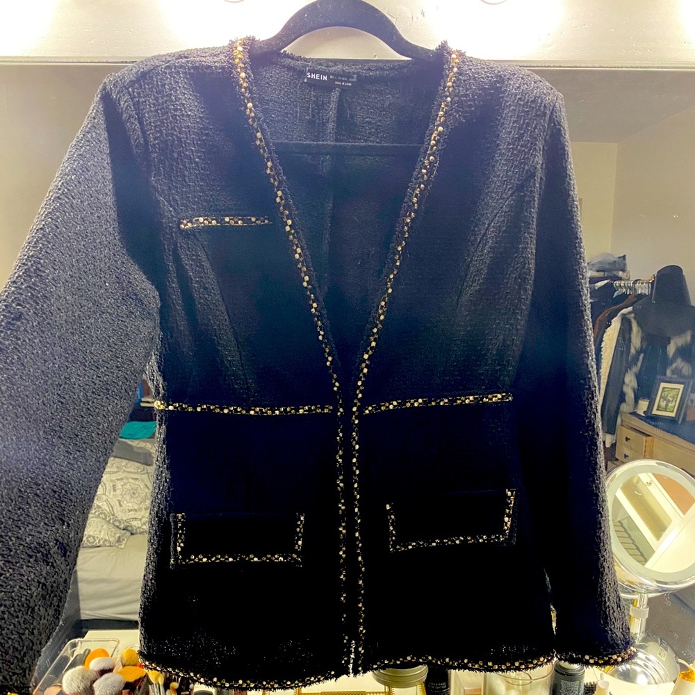 Black tweed blazer with gold&white embroidery trim
